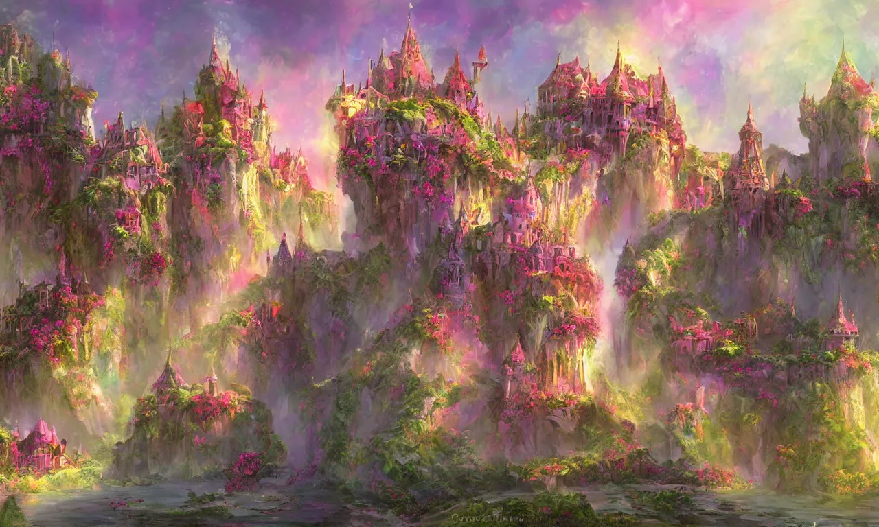 Image similar to concept art of the colorful rose castle, spectacular, magnificent, fantasy, by georgia hart and osnat fine art,