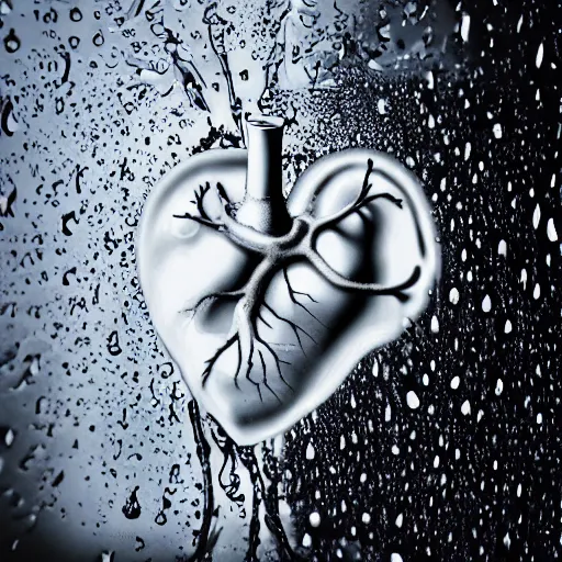 Prompt: a realistic anatomical human heart, inside a glass box, raindrops, crying, rain splashing, water, waterdrops, photography 50mm f1.4