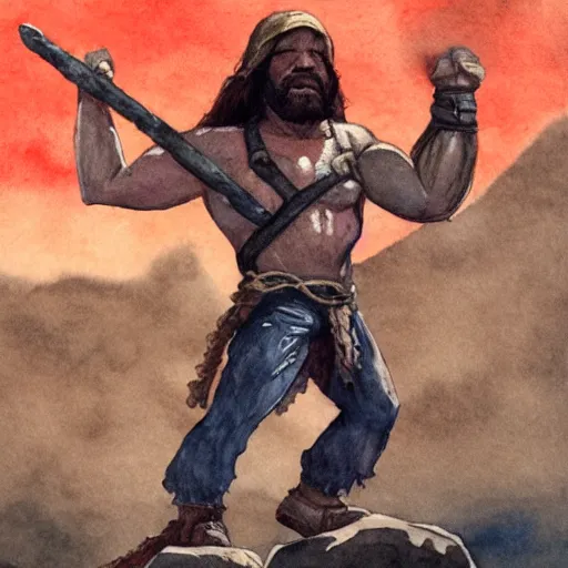 Image similar to randy savage with an anchor slung over his shoulder and foot heroically on a boulder posing in desolate wasteland | fantasy watercolour painting | middle earth | conan | darksun | d & d dungeons and dragons | barbarian