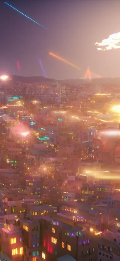 Image similar to unreal engine 5 render of a happy city on a sunny day with lasers coming out of the clouds, digital art ”