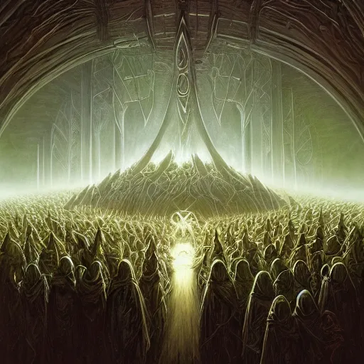 Image similar to a quantum computer surrounded by a dark cabal of multiple hooded elven mystics in long dark robes gathered in a circular formation, dan seagrave art, michael whelan, artstation, cgsociety, epic scifi fantasy art