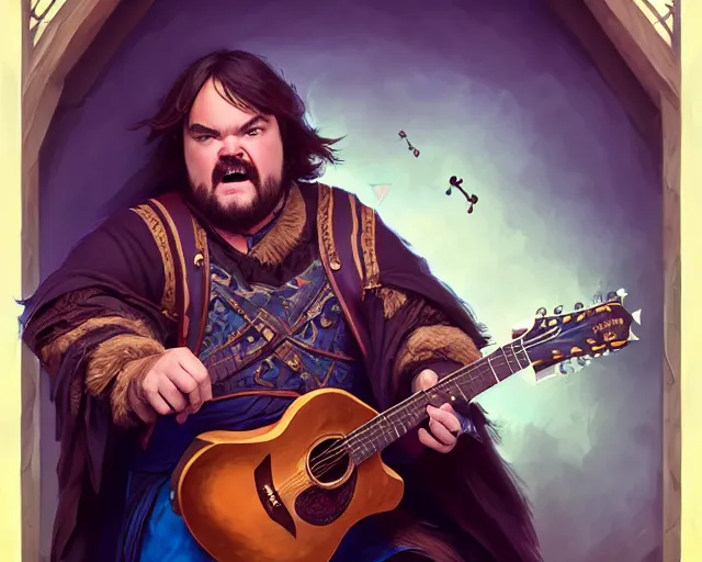Image similar to photography of jack black as a bard with a guitar singing 8 k, deep focus, d & d, fantasy, intricate, elegant, highly detailed, digital painting, artstation, concept art, matte, sharp focus, illustration, hearthstone, art by artgerm and greg rutkowski and alphonse mucha
