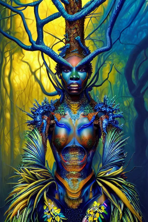 Image similar to hyperrealistic maximalist super expressive! black woman with exoskeleton armor, merging with tree in a forest, highly detailed digital painting masterpiece smooth cam de leon hannah yata dramatic pearlescent blue yellow light ground angle hd 8k sharp focus