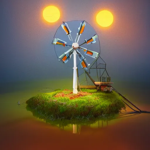 Image similar to tiny wooden windmill, floating, rbc, radiolaria, protophyta, micro - organisms, center frame, symmetric, rim light, marine microbiology, bioluminescence, electric, soft, concept art, intricate details, highly detailed, colorful, photorealistic, disney pixar, octane render, iridescent, anime, 8 k