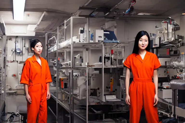 Image similar to a photograph of a beautiful young asian woman wearing an orange prison jumpsuit standing in a laboratory surrounded by sci fi medical equipment, cinematic lighting, sci fi, futuristic