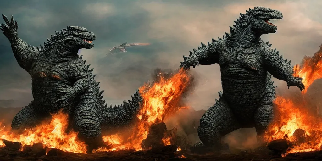 Prompt: photo of godzilla in a giant scale action movie battle, chaos and funny looking fases and body poses, debries, rubble, fire, special effects
