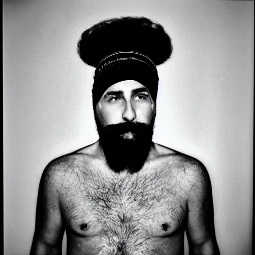 Prompt: a portrait photograph of a bald man with a big beard wearing a headband and a black t shirt by david lachapelle, film camera, 5 0 mm