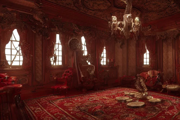 Prompt: red baroque steampunk spaceship interior, viewport, commander's deck made of bone, rendered in unreal engine 5, cryengine, arnold and zbrush, epic lighting. persian rug, pipes, luxury furniture