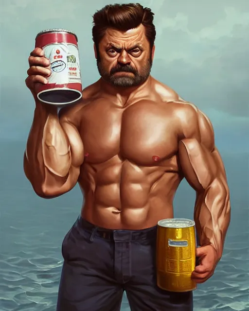 Prompt: gigachad ron swanson bodybuilder holding a keg of beer in final fight ocean by ilya kuvshinov, ernest khalimov body by krista sudmalis, fantasy character portrait, ultra realistic, concept art, intricate details, elegent, digital painting, smooth, sharp focus, illustration, art by artgerm and greg rutkowski and alphonse mucha, artstation