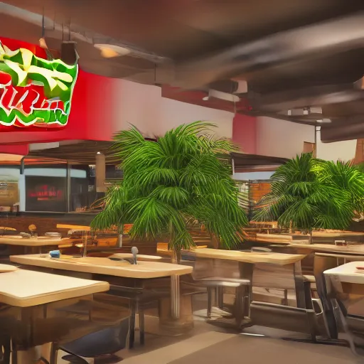 Image similar to fast food restaurant with palm trees, concept art, octane render