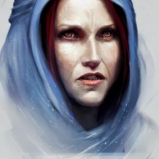 Image similar to portrait of a woman by Greg Rutkowski, old jedi Mara Jade from Star Wars Expanded Universe, she is about 60 years old, wearing blue and white robes, highly detailed portrait, digital painting, artstation, concept art, smooth, sharp foccus ilustration, Artstation HQ