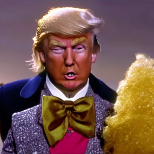 Prompt: A still of Donald Trump in Willy Wonka,realistic,detailed,close up