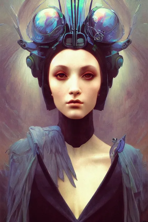 Prompt: portrait of raven, perfect future, iridescent color palette, by wlop and karol bak and bouguereau, 1 9 7 0 s retro future robot android. muted colors