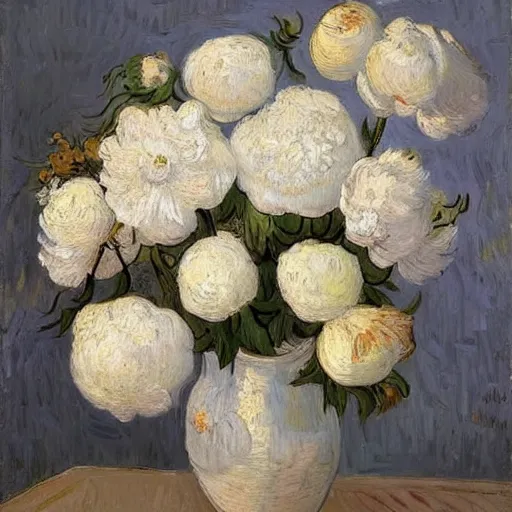 Image similar to atmospheric beautiful bouquet of white delicate peonies in the sunny room of his beloved wife, wang gogh wrote