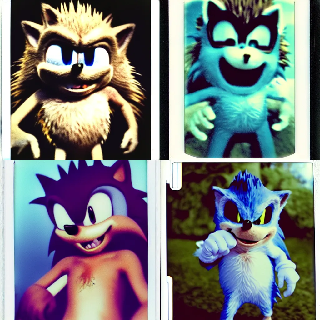Prompt: instax polaroid film still of a sonic the hedgehog creature with fangs and claws, faded, creepypasta