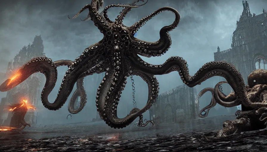 Image similar to Octopus monster, Dark Souls screenshot, boss fight, epic composition, grainy, gritty, concept art, 8K, highly detailed