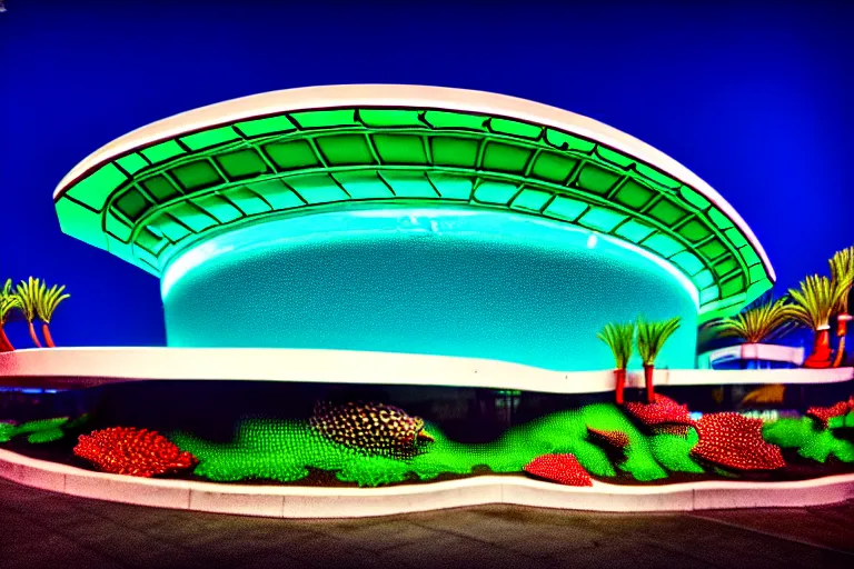 Image similar to 1 9 8 5 crab themed giant aquarium, googie architecture, one point perspective, americana, fishcore, exterior photography, hd 8 k, photography by ansel adams