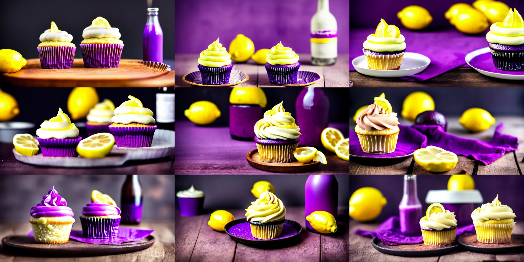 Prompt: dslr food photography of a lemon cupcake, on a dark wooden plate, dark background, with purple lemon creme topping and a bottle of lemon sauce on the side, macro shot, hasselblad, 1 0 0 mm f 1. 8, dynamic lightning