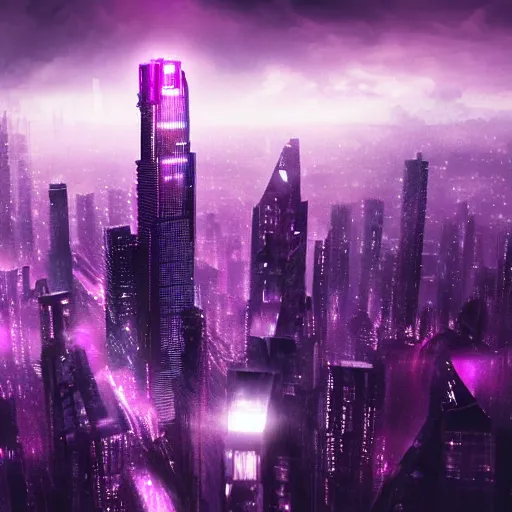 Image similar to blade runner city, high quality, cyberpunk, purple