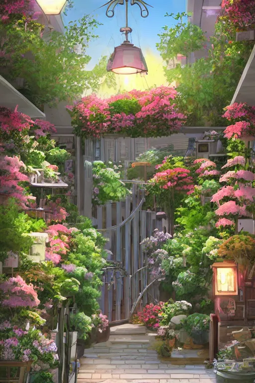 Image similar to a little flower shop's front gate, refreshing, digital illustration, pixiv, dramatic lighting