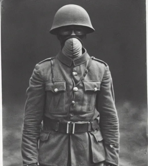 Image similar to a soldier wearing a cloth over face and head in distance, ww1 film photo, grainy, high detail, high resolution