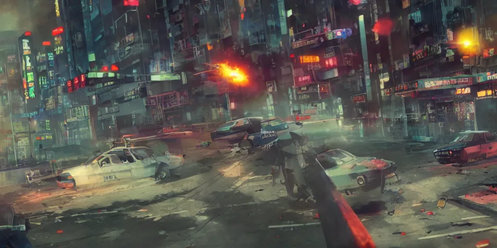 Image similar to 1991 Video Game Screenshot, Anime Neo-tokyo Cyborg bank robbers vs police shootout, bags of money, Police officer hit, Bullet Holes and Blood Splatter, Hostages, Smoke Grenade, Sniper, Chaotic, Cyberpunk, Anime VFX, Machine Gun Fire, Violent, Action, Fire fight, FLCL, Free-fire, Highly Detailed, 8k :4 by Katsuhiro Otomo + Studio Gainax + Arc System Works : 8