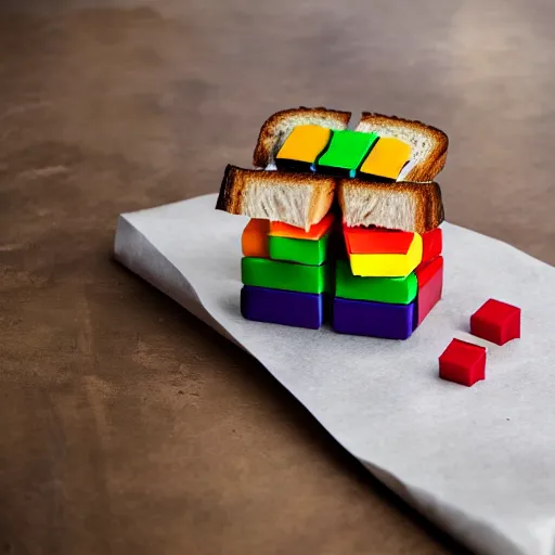 Image similar to sandwich in the shape of a Rubik's cube. Professional food photography