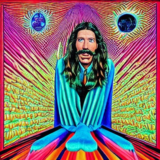 Image similar to “ Doug Henning flying on a magic carpet in the style of Alex Grey”