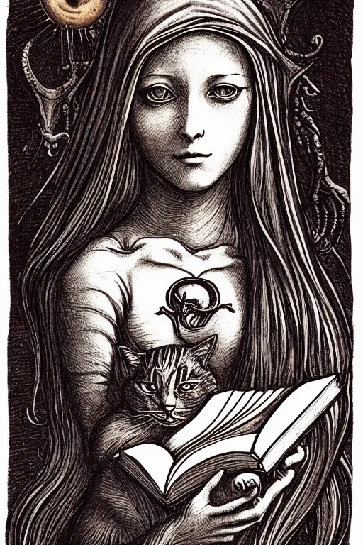 Image similar to da vinci illustration of romantic girl, her cat and her book of necronomicon, symmetrical, cinematic, sharp focus, 4 k, ultra hd, sense of awe, sinister demonic atmosphere, dreadful, forbidden knowledge, old gods, cthulhu, yog - sothoth! yah, yah, yah! cultist journal cover