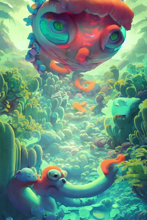 Image similar to smurf ghost creature animal sushi cristal very big eye roots cactus elemental flush of force nature micro world fluo fishscale, behance hd by jesper ejsing, by rhads, makoto shinkai and lois van baarle, ilya kuvshinov, rossdraws radiating a glowing aura global illumination ray tracing hdr