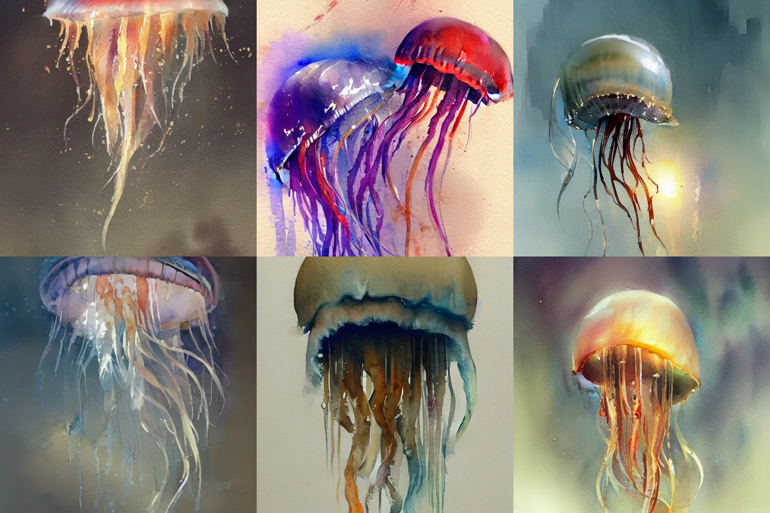 Prompt: watercolor painting of a jellyfish, concept art, impressionism, by greg rutkowski, trending on artstation