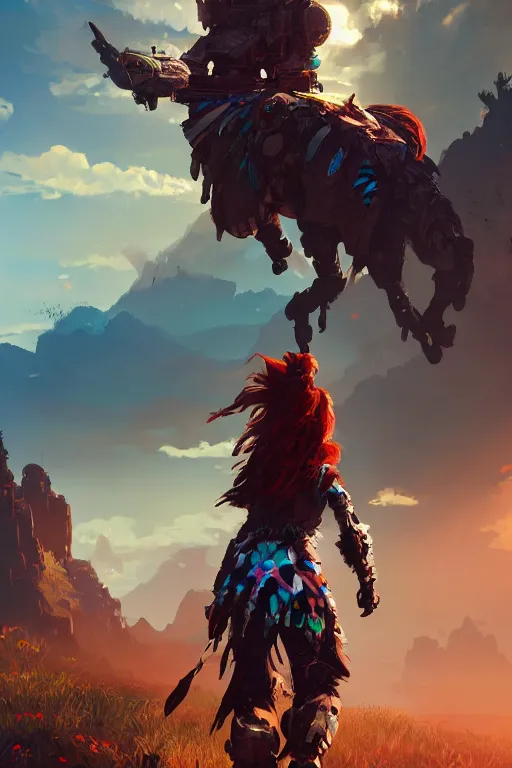 Image similar to combination suit armor aloy horizon forbidden west horizon zero dawn radiating a glowing aura global illumination ray tracing hdr fanart arstation by ian pesty and alena aenami artworks in 4 k tribal robot ninja mask helmet backpack