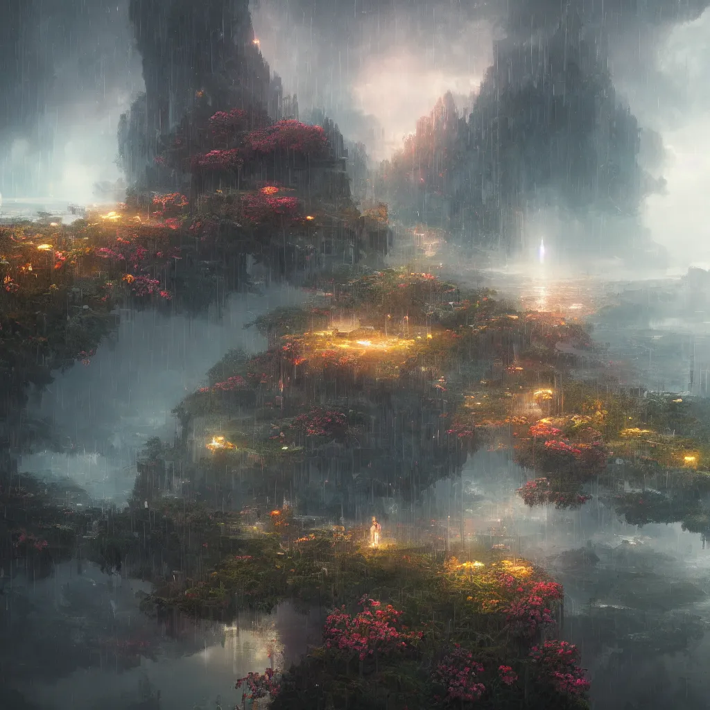 Image similar to ta ha, volumetric lighting, highly detailed, by greg rutkowski, complementing colors, god looking at me, heavy rainy, lofty heavens, water reflection, flowers, hyper realistic, concept art, 8 k detail post - processing, cyberpunkstyle