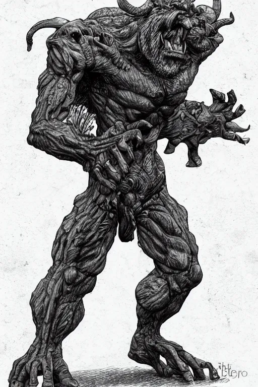 Image similar to humanoid hunched figure troll with 1 horn, ogre, fantasy, highly detailed, digital art, sharp focus, trending on art station, kentaro miura manga art style