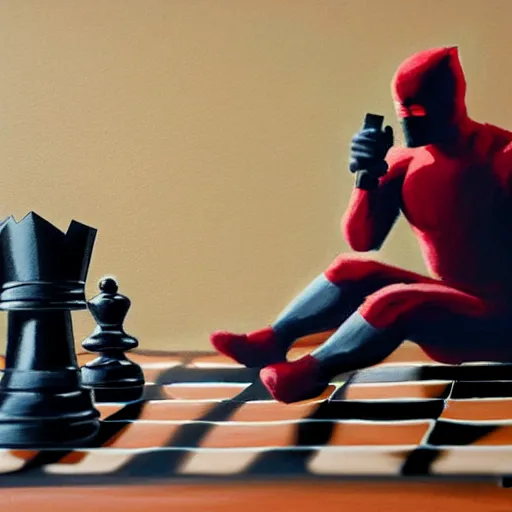 Image similar to painting of daredevil pondering next to a chess set, octane, painting by greg ruthowski, artstation, marvel