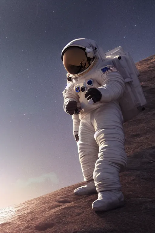 Prompt: a astronaut sitting on the beach looking to the sea at sunrise, concept art, octane render, unreal engine 5, trending on Artstation, high quality, highly detailed, 8K, soft lighting, godrays, path tracing, serene landscape, turbulent sea, high coherence, anatomically correct, hyperrealistic, sand, beautiful landscape, cinematic