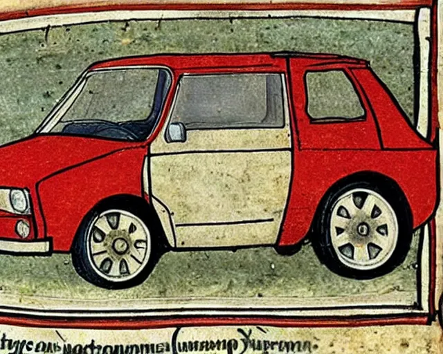 Image similar to Page from illuminated medieval manuscript showing a rusty Fiat 126p