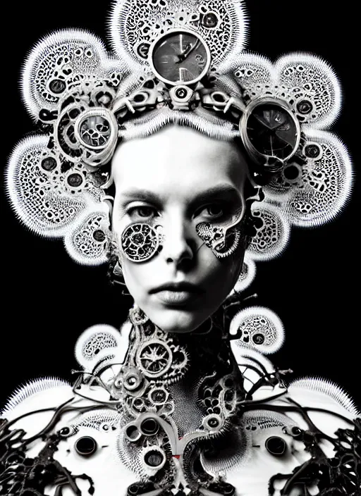 Image similar to surreal black and white photo portrait of complex bio-mechanical beautiful young female vegetal-cyborg with a Mandelbrot fractal steampunk metal fine lace face, curled silver hair and a fine metal floral foliage super big lace collar by Alexander McQueen:: high fashion, haute couture, rococo, steampunk, silver filigree details, anatomical, facial muscles, cable wires, microchip, elegant, hyper realistic, 150 mm lens, soft rim light, octane render, unreal engine, volumetric lighting, 8k,