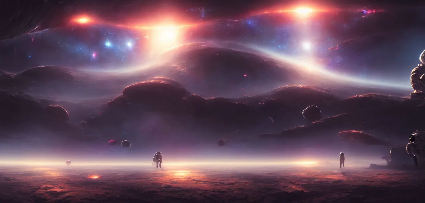 Image similar to astronaut cosmonaut discovery of new worlds of galaxies panorama, fantasy portal to far universe. astronaut space exploration, gateway to another universe, cinematic view, epic sky, detailed, concept art, low angle, high detail, warm lighting, volumetric, godrays, vivid, beautiful, trending on artstation, by jordan grimmer, huge scene, art greg rutkowski