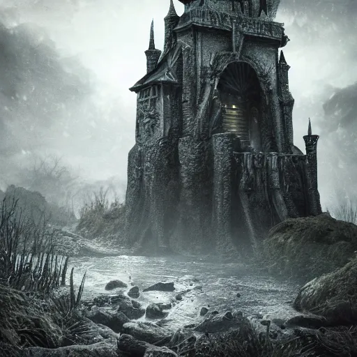 Image similar to full body pose, hyperrealistic photograph of the black castle of rotbog swamp, dim volumetric lighting, 8 k, octane beautifully detailed render, extremely hyper detailed, intricate, epic composition, cinematic lighting, masterpiece, trending on artstation, very very detailed, stunning, hdr, smooth, sharp focus, high resolution, award, winning photo, dslr, 5 0 mm