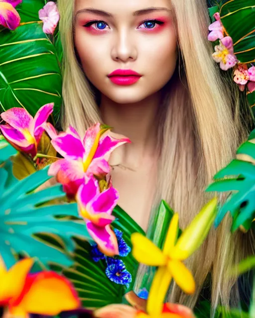 Image similar to an stunning beautiful eastern girl is surrounded by colourful tropical flowers and plants, symmetric face and eyes, upper body face shot, long straight blonde hair, visible face 5 0 mm f 2. 2