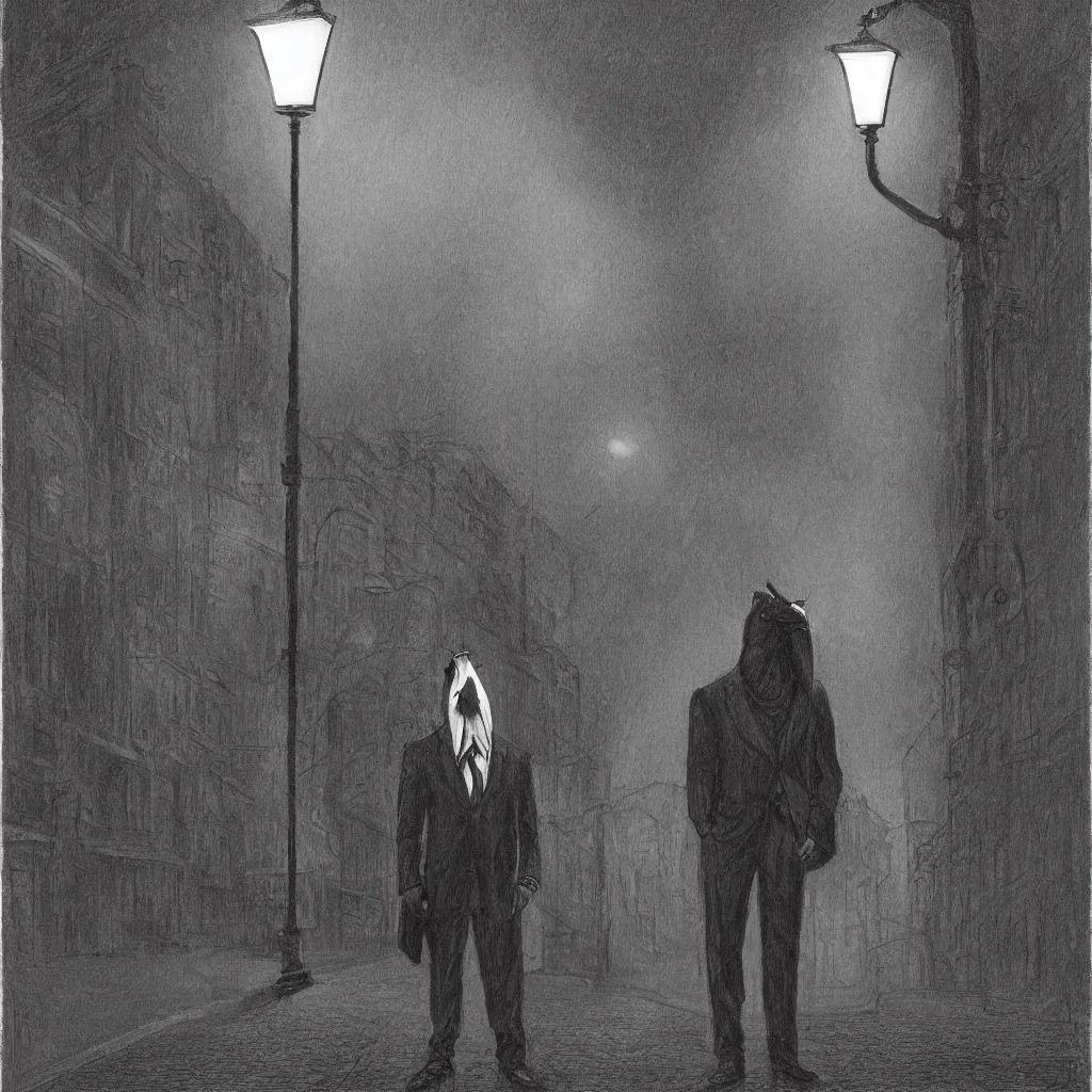 Prompt: a highly detailed portrait of a man wearing a suit and a raven mask standing in the middle of a street illuminated by a lone street lamp, by gerald brom, cinematic lighting, detailed drawing