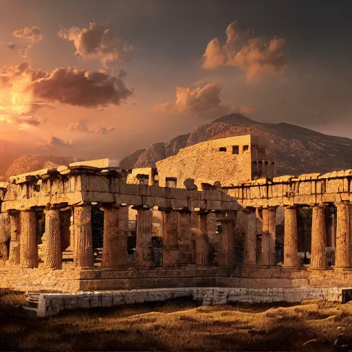 Prompt: Cinematic view of ancient fantasy walls with greek architecture surrounded by vast desert; fantasy art