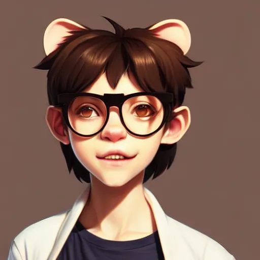 Prompt: character design portrait of an anthropomorphic furry rat girl with rat ears, short brown hair, wearing a tee shirt and glasses, looking at the camera, 4 k, concept art, by wlop, ilya kuvshinov, artgerm, krenz cushart, pixiv.