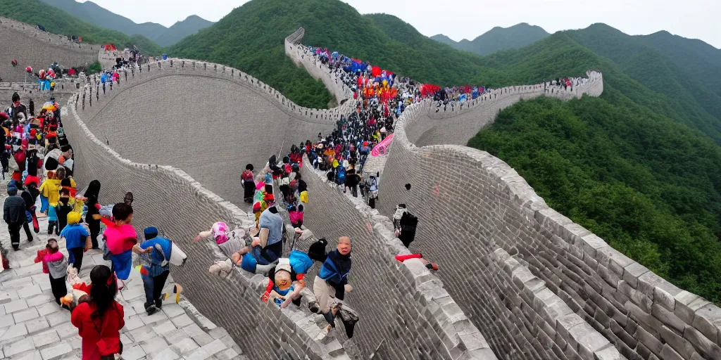 Prompt: people walking over the great lego wall of china