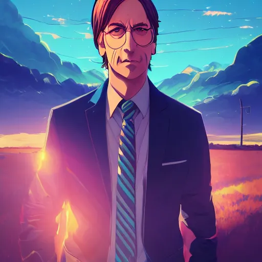 Image similar to ⁠portrait of Saul Goodman , farm field background, rich vivid colors, ambient lighting, dynamic lighting, 4k, HQ, official media, anime key visual, makoto shinkai, ilya kuvshinov, lois van baarle, rossdraws, detailed, trending on artstation