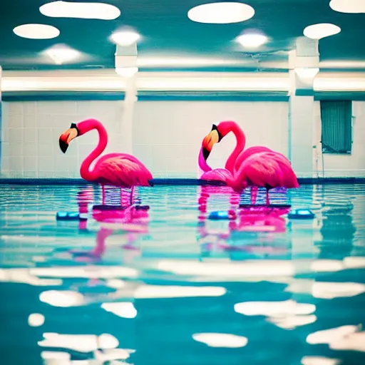 Image similar to dark poolroom liminal space with pink flamingo floaties, liminal photography, bad lighting,