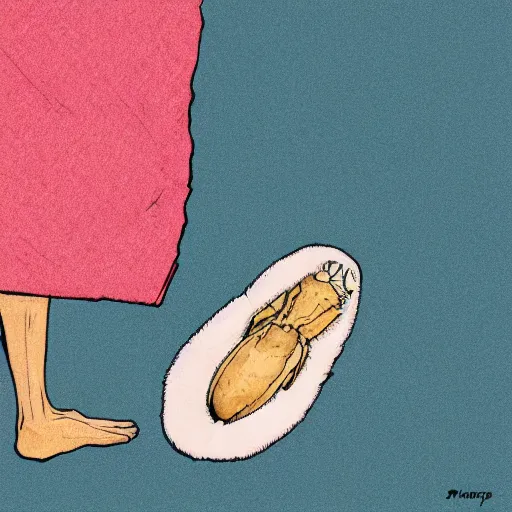 Image similar to crab holding a napkin in its claw, a nightgown and slippers lying on the ground next to it, digital art