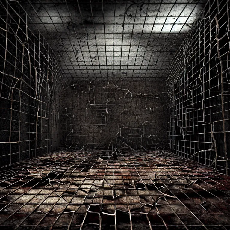 Prompt: An underground very dark gloomy multi-layered structure of rusty thick iron grates, dense chain-link fencing and peeling walls. Ugly human with long limbs sits on the floor. Inside view, collapsed floors, bent rusted iron, masterpiece, black background, corners, cinematic, hyperdetailed, photorealistic, hyperrealism, octane render, 8k, depth of field, bokeh, architecture, shadows, art by Zdzisław Beksiński, Arthur Rackham, Dariusz Zawadzki