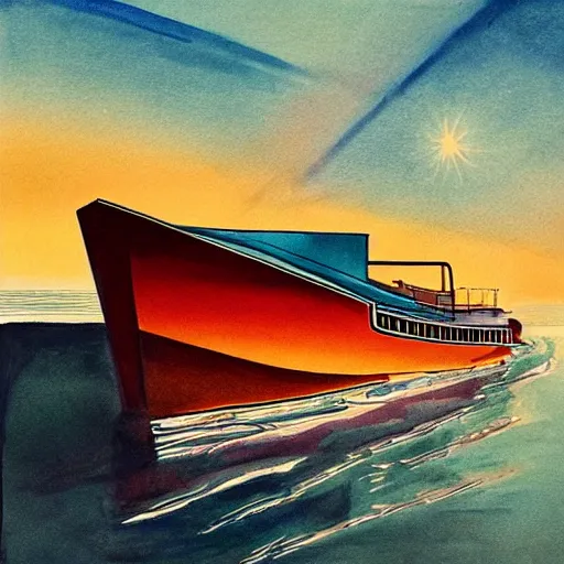 Prompt: artdeco river boat in the deep south, evening sun, intense lighting, hyper realistic, gouache